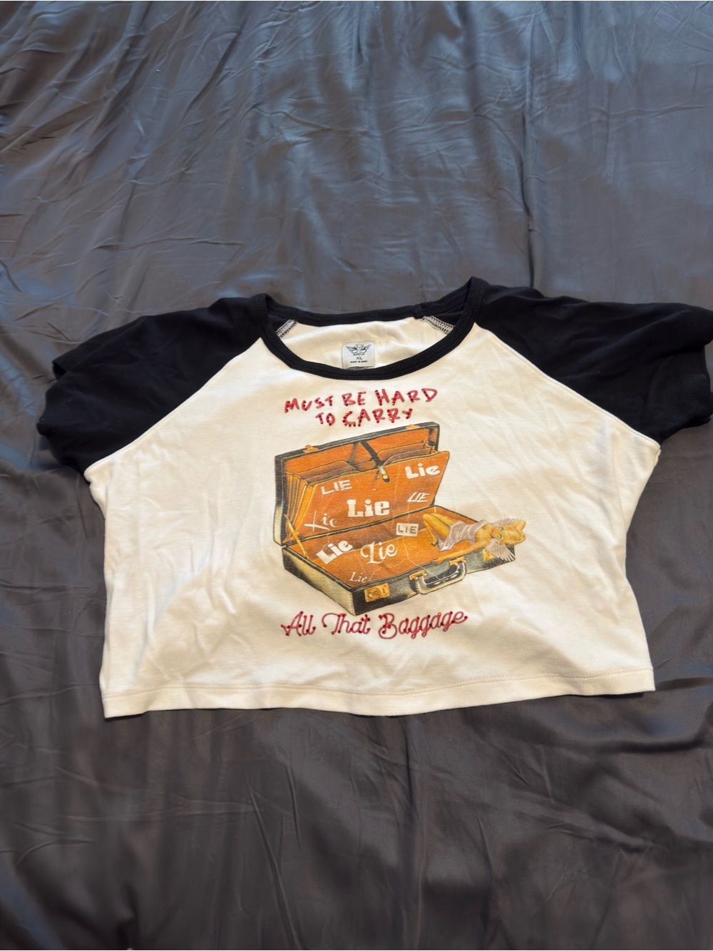 Boys Lie Black & White Raglan Graphic Crop Top - Orange Suitcase Print